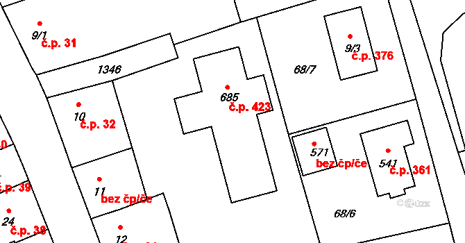 Úhonice 423 na parcele st. 685 v KÚ Úhonice, Katastrální mapa