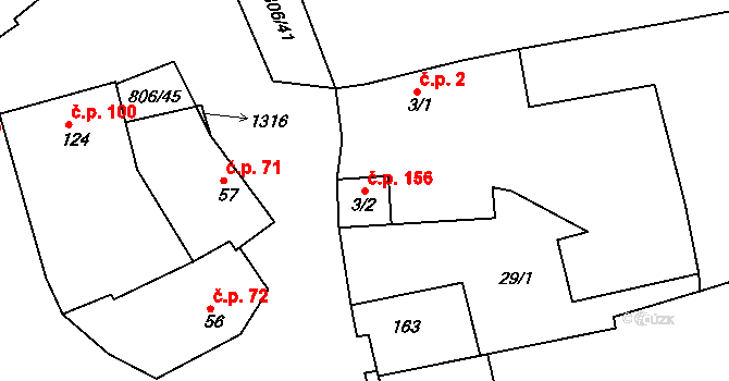 Líšťany 156 na parcele st. 3/2 v KÚ Líšťany u Cítolib, Katastrální mapa
