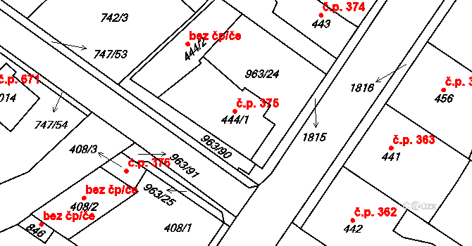 Přibyslav 375 na parcele st. 444/1 v KÚ Přibyslav, Katastrální mapa