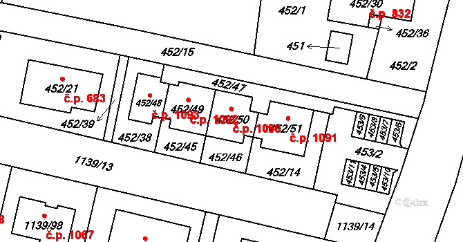 Vejprnice 1090 na parcele st. 452/50 v KÚ Vejprnice, Katastrální mapa