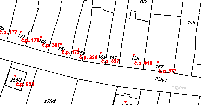 Klobouky u Brna 327 na parcele st. 163 v KÚ Klobouky u Brna, Katastrální mapa