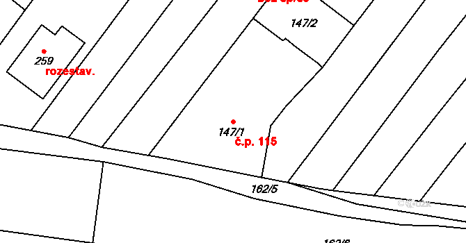 Lískovec 115, Koryčany na parcele st. 147/1 v KÚ Lískovec, Katastrální mapa