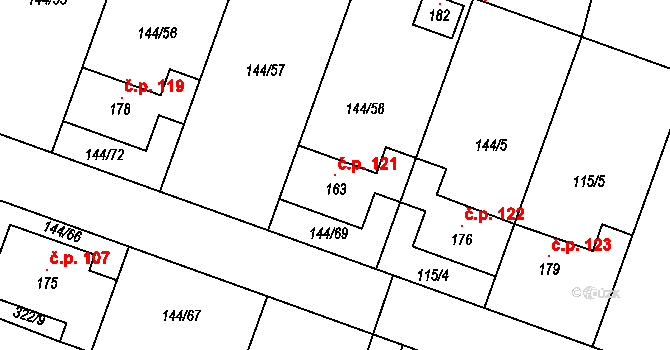 Podbřežice 121 na parcele st. 163 v KÚ Podbřežice, Katastrální mapa