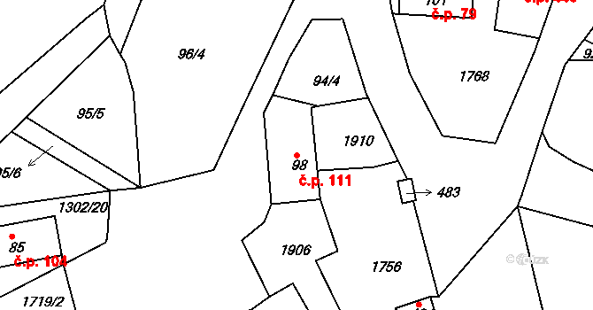 Hazlov 111 na parcele st. 98 v KÚ Hazlov, Katastrální mapa