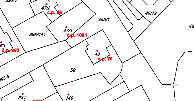 Horoměřice 70 na parcele st. 46 v KÚ Horoměřice, Katastrální mapa