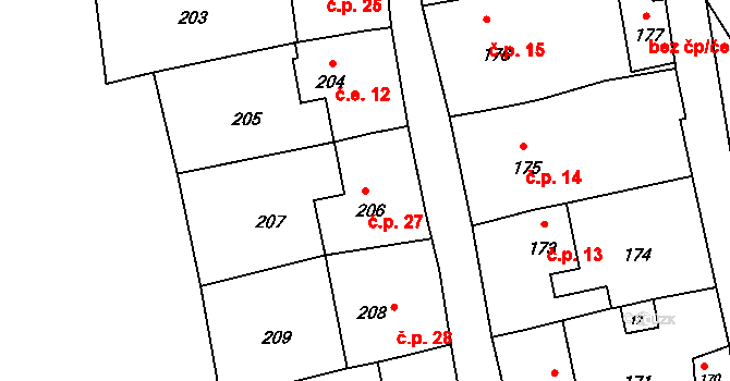 Hajánky 27, Tišnov na parcele st. 206 v KÚ Hájek u Tišnova, Katastrální mapa