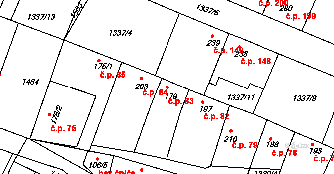 Doksy 83 na parcele st. 179 v KÚ Doksy u Kladna, Katastrální mapa