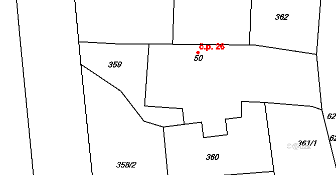 Rudíkovy 26, Třemešná na parcele st. 50 v KÚ Rudíkovy, Katastrální mapa
