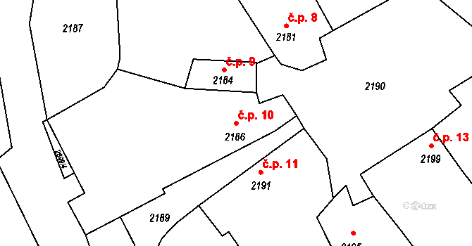 Toužín 10, Dačice na parcele st. 2186 v KÚ Dačice, Katastrální mapa