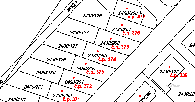 Dačice V 374, Dačice na parcele st. 2430/259 v KÚ Dačice, Katastrální mapa