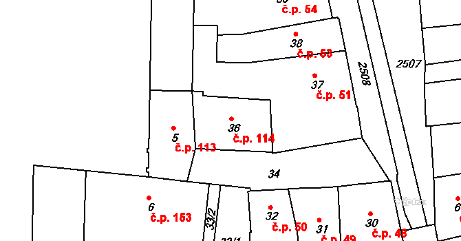 Třeboň I 114, Třeboň na parcele st. 36 v KÚ Třeboň, Katastrální mapa