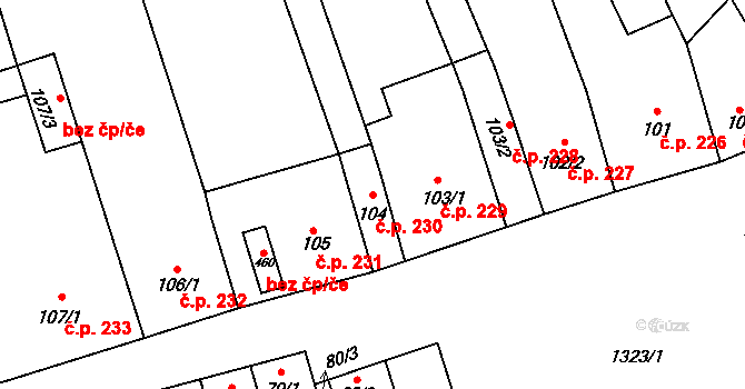 Lomnice 230 na parcele st. 104 v KÚ Lomnice u Tišnova, Katastrální mapa