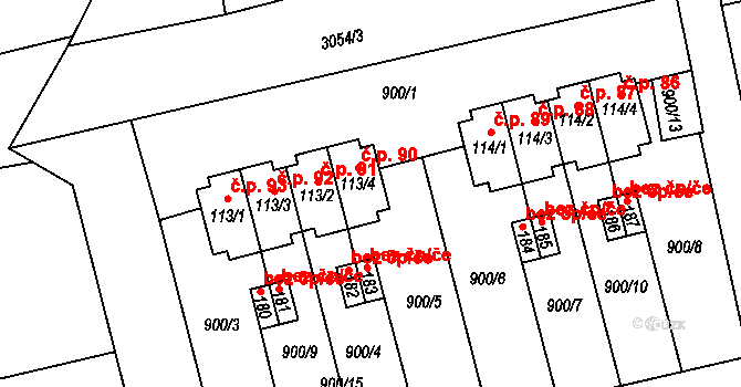 Damnov 90, Bor na parcele st. 113/4 v KÚ Damnov, Katastrální mapa