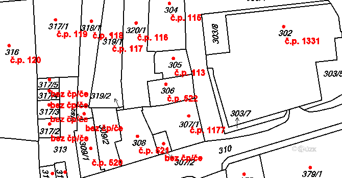Tachov 522 na parcele st. 306 v KÚ Tachov, Katastrální mapa