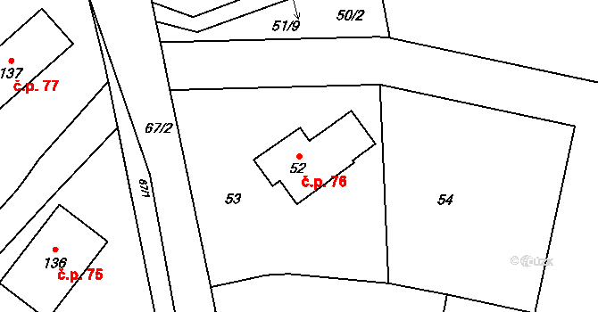 Trubín 76 na parcele st. 52 v KÚ Trubín, Katastrální mapa