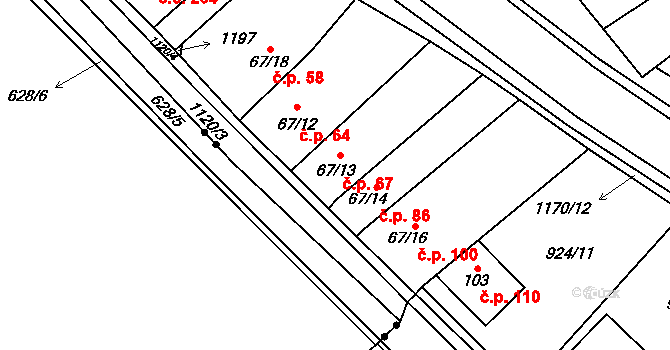 Chvalčov 67 na parcele st. 67/13 v KÚ Chvalčov, Katastrální mapa