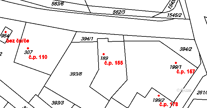 Brozany nad Ohří 155 na parcele st. 189 v KÚ Brozany nad Ohří, Katastrální mapa