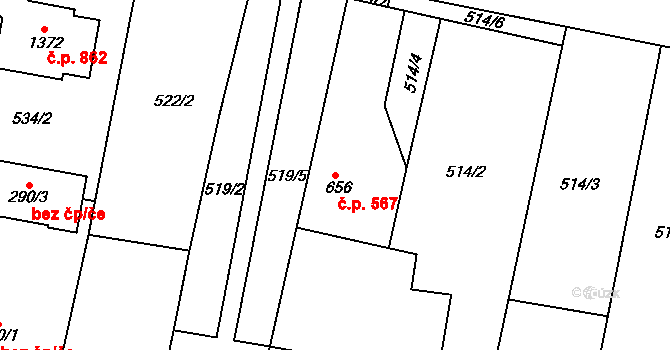 Libochovice 567 na parcele st. 656 v KÚ Libochovice, Katastrální mapa