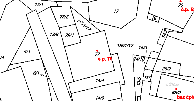 Drahobuz 75 na parcele st. 77 v KÚ Drahobuz, Katastrální mapa