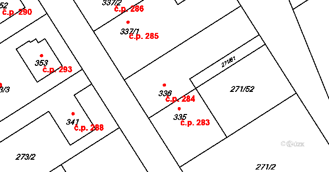 Dymokury 284 na parcele st. 336 v KÚ Dymokury, Katastrální mapa