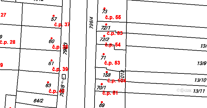 Kobeřice 53, Hradčany-Kobeřice na parcele st. 71 v KÚ Kobeřice, Katastrální mapa