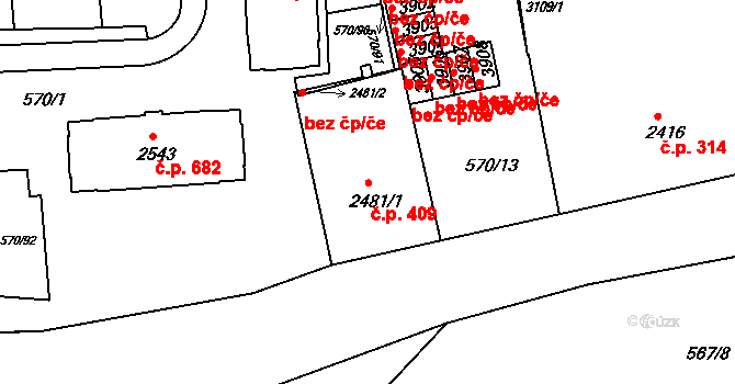 Borovina 409, Třebíč na parcele st. 2481/1 v KÚ Třebíč, Katastrální mapa