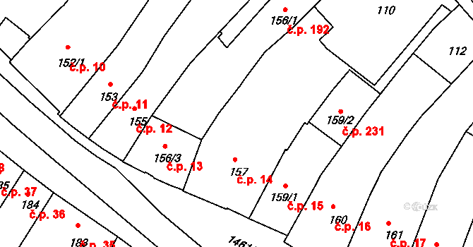 Jejkov 14, Třebíč na parcele st. 157 v KÚ Třebíč, Katastrální mapa