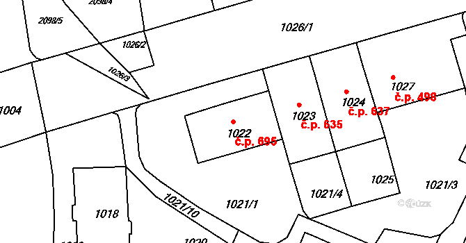 Zábrdovice 695, Brno na parcele st. 1022 v KÚ Zábrdovice, Katastrální mapa