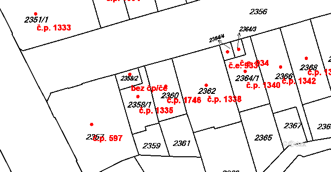 Černá Pole 1746, Brno na parcele st. 2360 v KÚ Černá Pole, Katastrální mapa