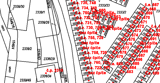 Pelhřimov 755 na parcele st. 2333/18 v KÚ Pelhřimov, Katastrální mapa