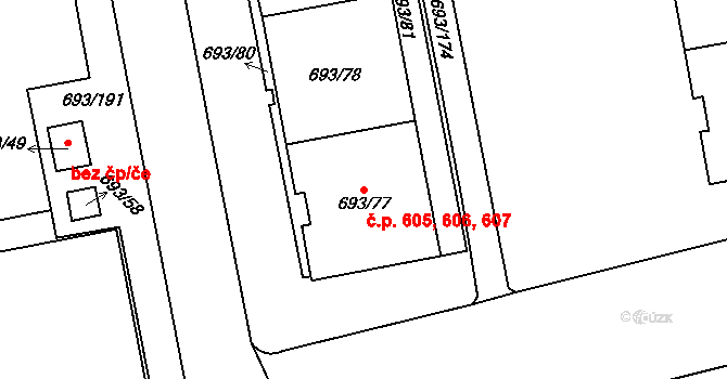 Karlín 605,606,607, Praha na parcele st. 693/77 v KÚ Karlín, Katastrální mapa