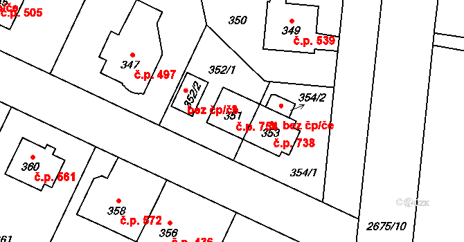 Kyje 754, Praha na parcele st. 351 v KÚ Kyje, Katastrální mapa