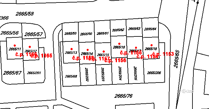 Kyje 1156, Praha na parcele st. 2665/15 v KÚ Kyje, Katastrální mapa
