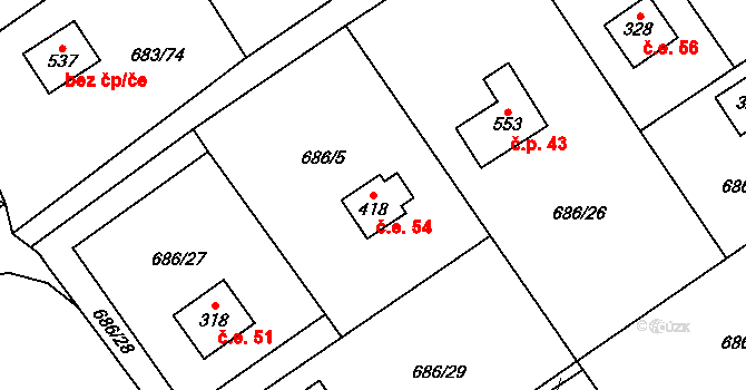 Halouny 54, Svinaře na parcele st. 418 v KÚ Svinaře, Katastrální mapa