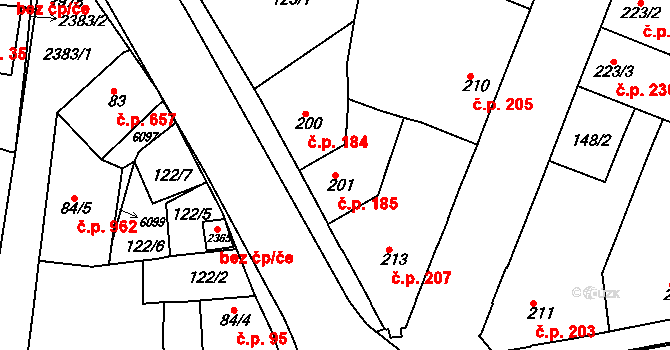 Rosice 185 na parcele st. 201 v KÚ Rosice u Brna, Katastrální mapa