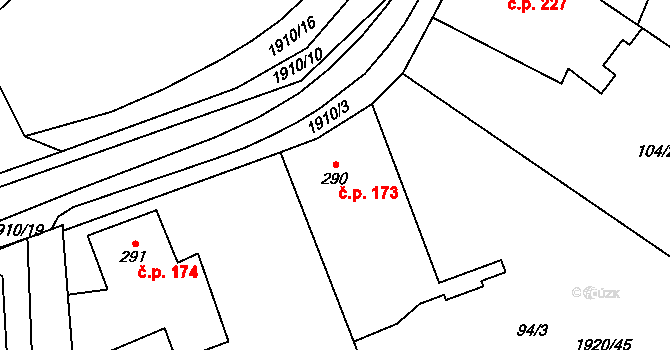 Mirošov 173 na parcele st. 290 v KÚ Mirošov, Katastrální mapa