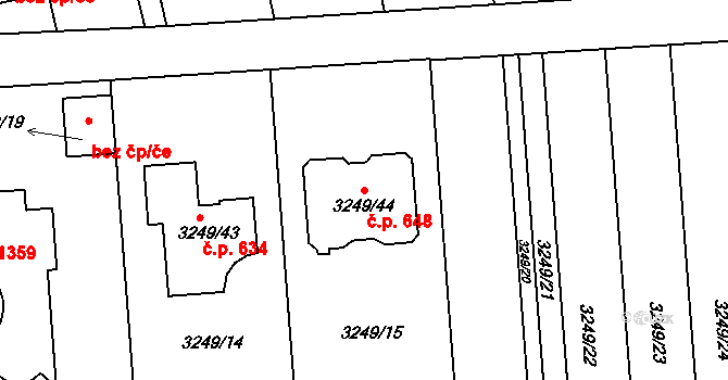 Kunovice 648 na parcele st. 3249/44 v KÚ Kunovice u Uherského Hradiště, Katastrální mapa