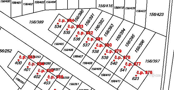 Velké Přílepy 881 na parcele st. 537 v KÚ Velké Přílepy, Katastrální mapa