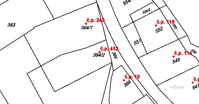 Bošovice 412 na parcele st. 364/2 v KÚ Bošovice, Katastrální mapa