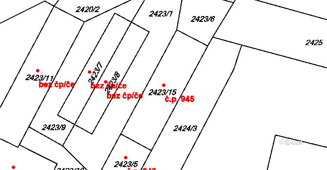 Pod Cvilínem 945, Krnov na parcele st. 2423/15 v KÚ Opavské Předměstí, Katastrální mapa