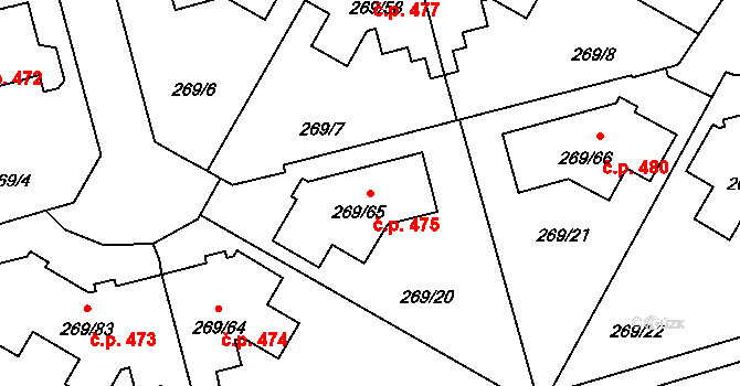 Průhonice 475 na parcele st. 269/65 v KÚ Průhonice, Katastrální mapa