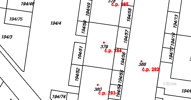 Zbuzany 284 na parcele st. 379 v KÚ Zbuzany, Katastrální mapa