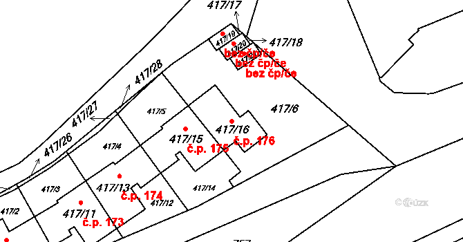 Přední Kopanina 176, Praha na parcele st. 417/16 v KÚ Přední Kopanina, Katastrální mapa