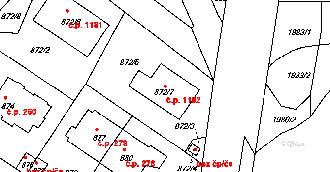 Podolí 1182, Praha na parcele st. 872/7 v KÚ Podolí, Katastrální mapa