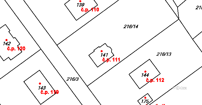 Olešnice 111 na parcele st. 141 v KÚ Olešnice nad Cidlinou, Katastrální mapa