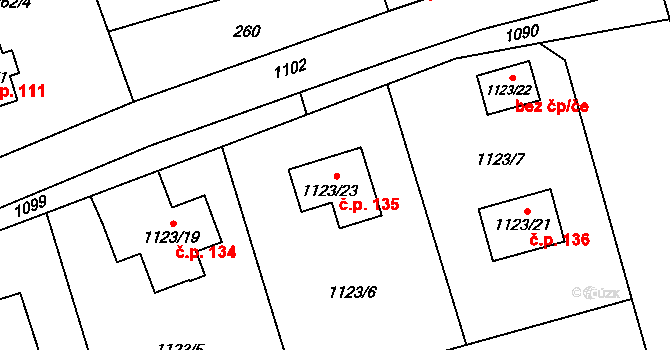 Nahořany 135 na parcele st. 1123/23 v KÚ Nahořany nad Metují, Katastrální mapa