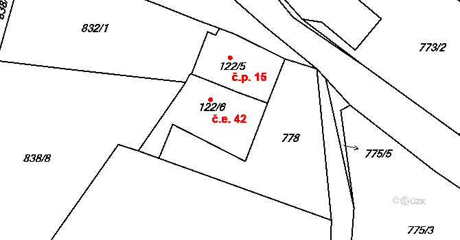 Milotice 42, Čestín na parcele st. 122/6 v KÚ Čestín, Katastrální mapa