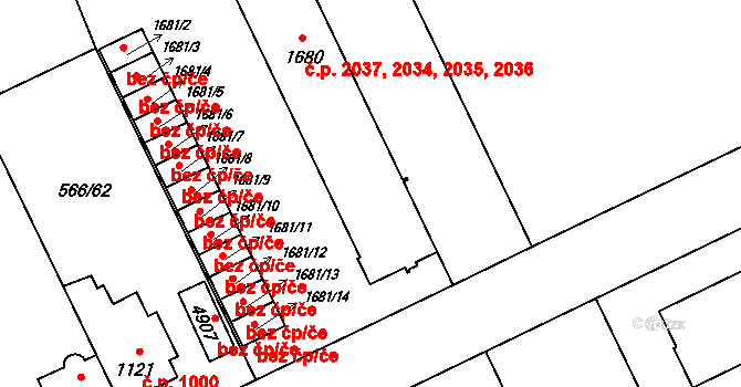 Zábřeh 2034,2035,2036,2037, Ostrava na parcele st. 1680 v KÚ Zábřeh nad Odrou, Katastrální mapa
