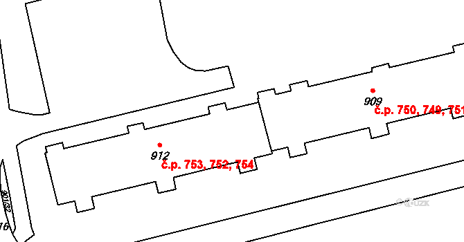 Malenovice 752,753,754, Zlín na parcele st. 912 v KÚ Malenovice u Zlína, Katastrální mapa