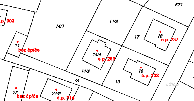 Suché Lazce 269, Opava na parcele st. 14/4 v KÚ Suché Lazce, Katastrální mapa